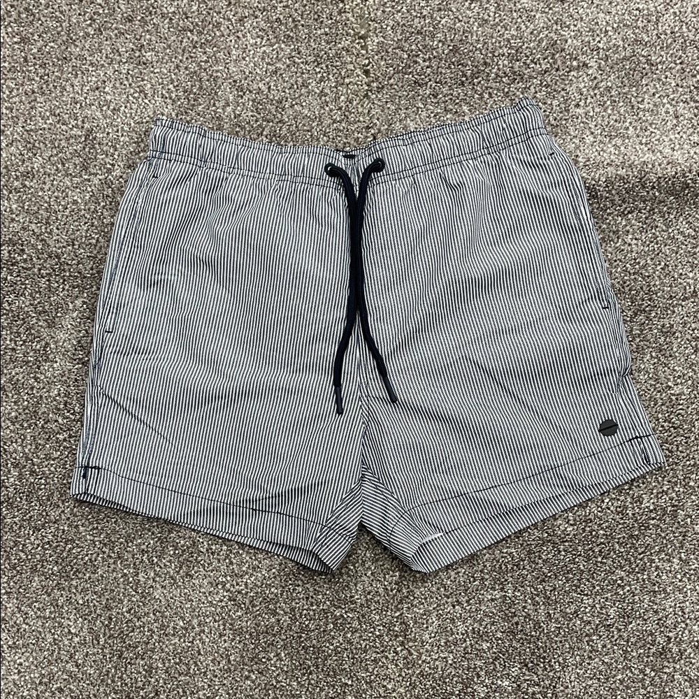 Studio Monochrome Striped Swim Trunks